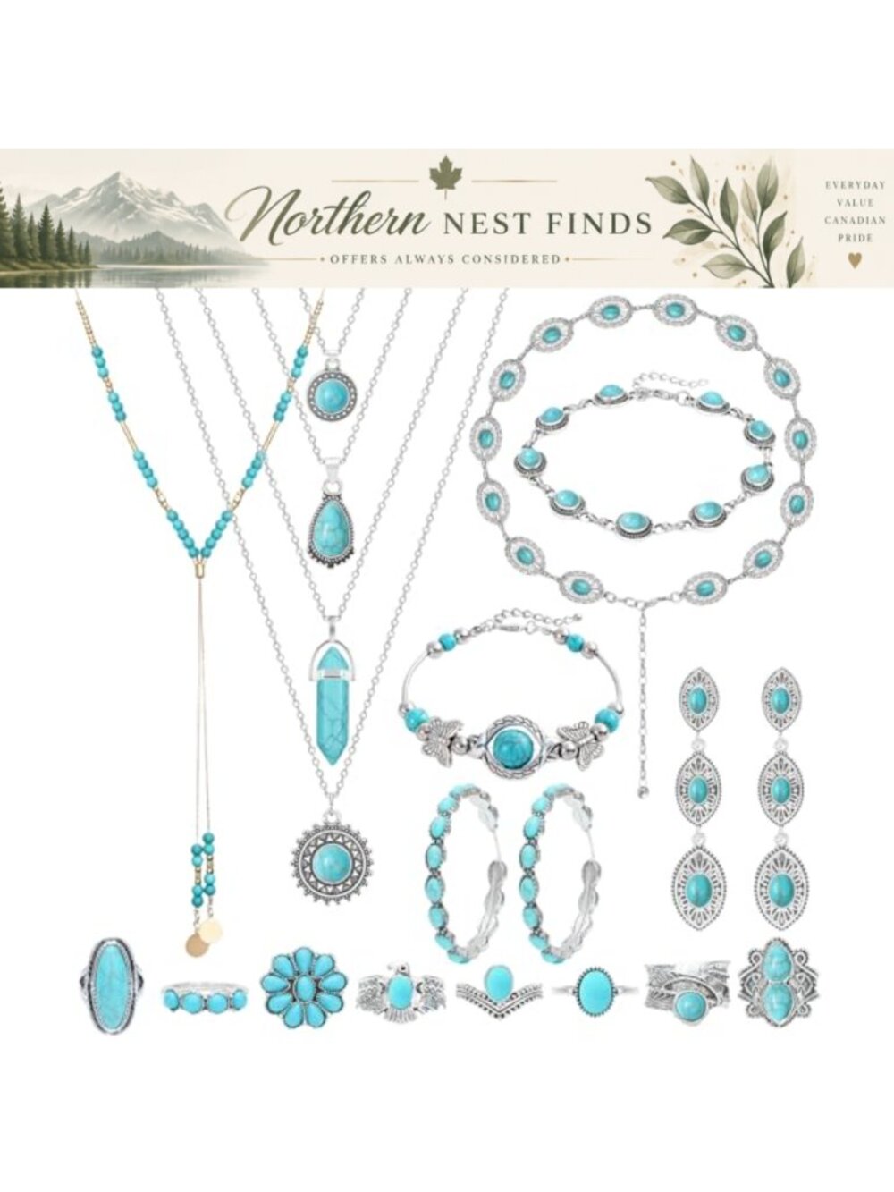 20pc Bohemian Turquoise Jewelry Set Stainless Steel Necklaces Bracelets Rings